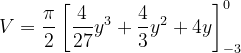 \dpi{120} V=\frac{\pi }{2}\left [ \frac{4}{27}y^{3}+\frac{4}{3}y^{2} +4y\right ]_{-3}^{0}